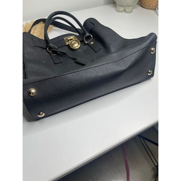 Michael Kors Hamilton Black Leather Satchel Shoulder Bag Tote Bag Gold Chain - Picture 7 of 13